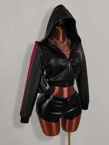 Amplova Women's Knight Print Zip-Up Cropped Sweatshirt Halloween Night Black And Pink Black Fall Y2k - Black - View 13