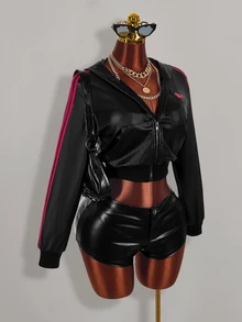 Amplova Women's Knight Print Zip-Up Cropped Sweatshirt Halloween Night Black And Pink Black Fall Y2k - Black - View 8