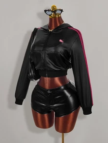 Amplova Women's Knight Print Zip-Up Cropped Sweatshirt Halloween Night Black And Pink Black Fall Y2k - Black - View 6