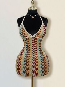 SHEIN ICON Women's Dark Green Jacquard Knitted Contrast Color Ribbed Edge Halter Backless Deep V-Neck Mini Beach Party Dress,Boho Sexy Clothes Women Summer - Multicolor - View 10