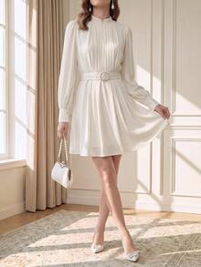 Suri Mira Soft Chiffon Gathering Short Dresses With Pearl Buckle,Elegant French, Birthday Party Brunch Tea Party Evening Dinner Party Date Fall/ Off-White - Apricot - View 7