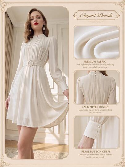 Suri Mira Soft Chiffon Gathering Short Dresses With Pearl Buckle,Elegant, Birthday Party Evening Dinner Party Date Winter/Autumn