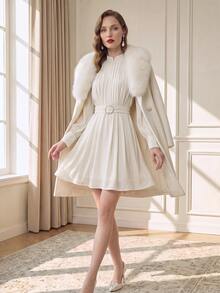 Suri Mira Soft Chiffon Gathering Short Dresses With Pearl Buckle,Elegant French, Birthday Party Brunch Tea Party Evening Dinner Party Date Fall/ Off-White - Apricot - View 8