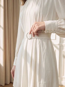 Suri Mira Soft Chiffon Gathering Short Dresses With Pearl Buckle,Elegant French, Birthday Party Brunch Tea Party Evening Dinner Party Date Fall/ Off-White - Apricot - View 4