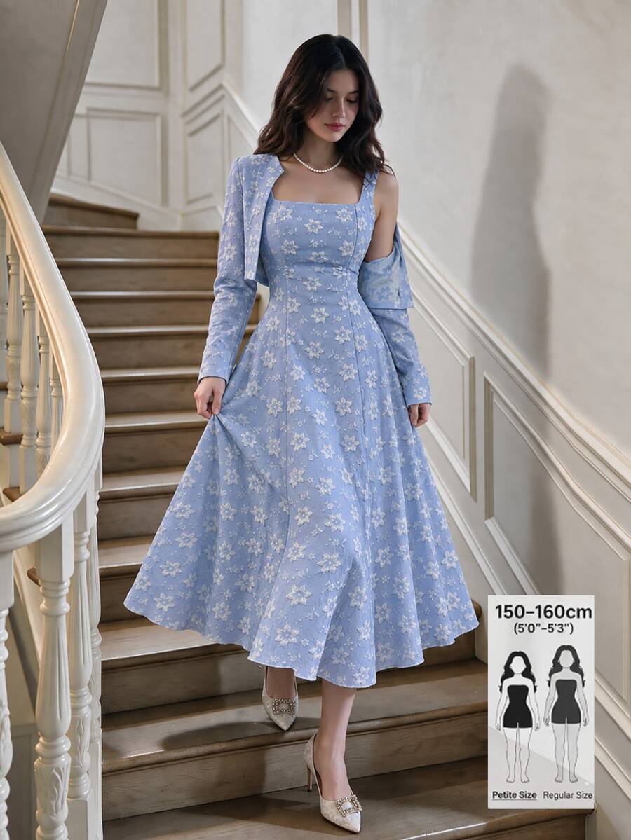 Modelyn Petite Elegant Romantic Casual Light Blue Floral Floral Jacquard Jacket Dress Set For Outing Party Garden Garden Spring - Baby Blue - View 1