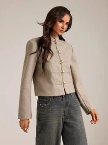 SHEIN Tall Women's Fall/ New Gray Elegant French Fashionable Modern Casual Minimalist Charming Street Style Short Stand Collar Napoleon Overcoat Office - Apricot - View 9