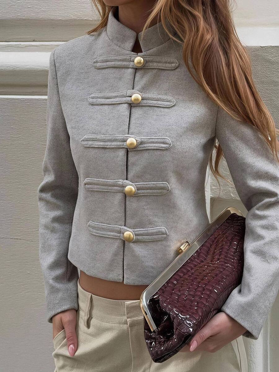 SHEIN Tall Women's Fall/ New Gray Elegant French Fashionable Modern Casual Minimalist Charming Street Style Short Stand Collar Napoleon Overcoat Office - Apricot - View 1