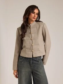 SHEIN Tall Women's Fall/ New Gray Elegant French Fashionable Modern Casual Minimalist Charming Street Style Short Stand Collar Napoleon Overcoat Office - Apricot - View 6