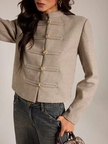 SHEIN Tall Women's Fall/ New Gray Elegant French Fashionable Modern Casual Minimalist Charming Street Style Short Stand Collar Napoleon Overcoat Office - Apricot - View 11