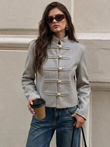 SHEIN Tall Women's Fall/ New Gray Elegant French Fashionable Modern Casual Minimalist Charming Street Style Short Stand Collar Napoleon Overcoat Office - Apricot - View 3