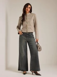 SHEIN Tall Women's Fall/ New Gray Elegant French Fashionable Modern Casual Minimalist Charming Street Style Short Stand Collar Napoleon Overcoat Office - Apricot - View 10