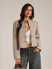 SHEIN Tall Women's Fall/ New Gray Elegant French Fashionable Modern Casual Minimalist Charming Street Style Short Stand Collar Napoleon Overcoat Office - Apricot - View 8