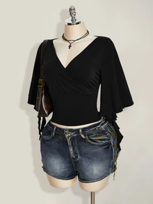 SHEIN ICON Women's Summer Casual Solid Color Waist-Cinching T-Shirt - Black - View 6
