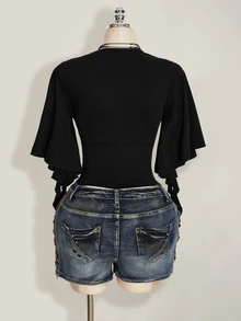 SHEIN ICON Women's Summer Casual Solid Color Waist-Cinching T-Shirt - Black - View 4