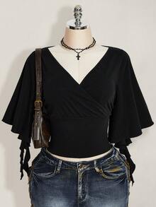 SHEIN ICON Women's Summer Casual Solid Color Waist-Cinching T-Shirt - Black - View 7