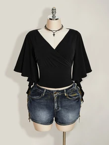 SHEIN ICON Women's Summer Casual Solid Color Waist-Cinching T-Shirt - Black - View 11