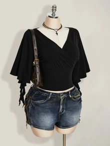 SHEIN ICON Women's Summer Casual Solid Color Waist-Cinching T-Shirt - Black - View 10