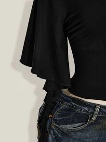 SHEIN ICON Women's Summer Casual Solid Color Waist-Cinching T-Shirt - Black - View 8