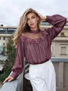 Anewsta Women's Elegant Sweet Pearlescent Pleated 3D Flower Mesh Patchwork Beaded Loose Round Neck Blouse - Purple - View 5