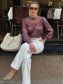 Anewsta Women's Elegant Sweet Pearlescent Pleated 3D Flower Mesh Patchwork Beaded Loose Round Neck Blouse - Purple - View 8