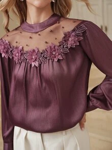 Anewsta Women's Elegant Sweet Pearlescent Pleated 3D Flower Mesh Patchwork Beaded Loose Round Neck Blouse - Purple - View 3