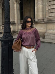Anewsta Women's Elegant Sweet Pearlescent Pleated 3D Flower Mesh Patchwork Beaded Loose Round Neck Blouse - Purple - View 4