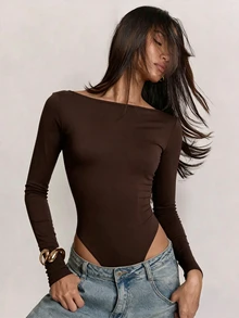 SHEIN BAE 女款秋冬純色性感露背長袖緊身連身衣 - 咖啡棕 - 查看 1