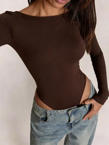 SHEIN BAE 女款秋冬純色性感露背長袖緊身連身衣 - 咖啡棕 - 查看 4