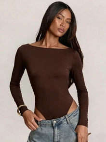 SHEIN BAE 女款秋冬純色性感露背長袖緊身連身衣 - 咖啡棕 - 查看 5