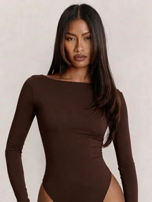 SHEIN BAE 女款秋冬純色性感露背長袖緊身連身衣 - 咖啡棕 - 查看 3