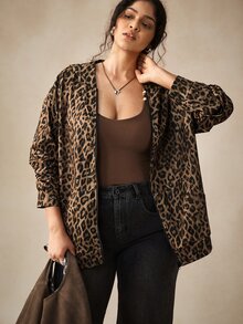 Nubod Jaket Wanita Berkerudung Model Vintage Motif Leopard Cokelat dengan Resleting, Sweatshirt Kasual Longgar dengan Bahu Jatuh - Coklat - View 5