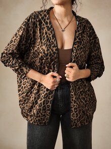 Nubod Jaket Wanita Berkerudung Model Vintage Motif Leopard Cokelat dengan Resleting, Sweatshirt Kasual Longgar dengan Bahu Jatuh - Coklat - View 4