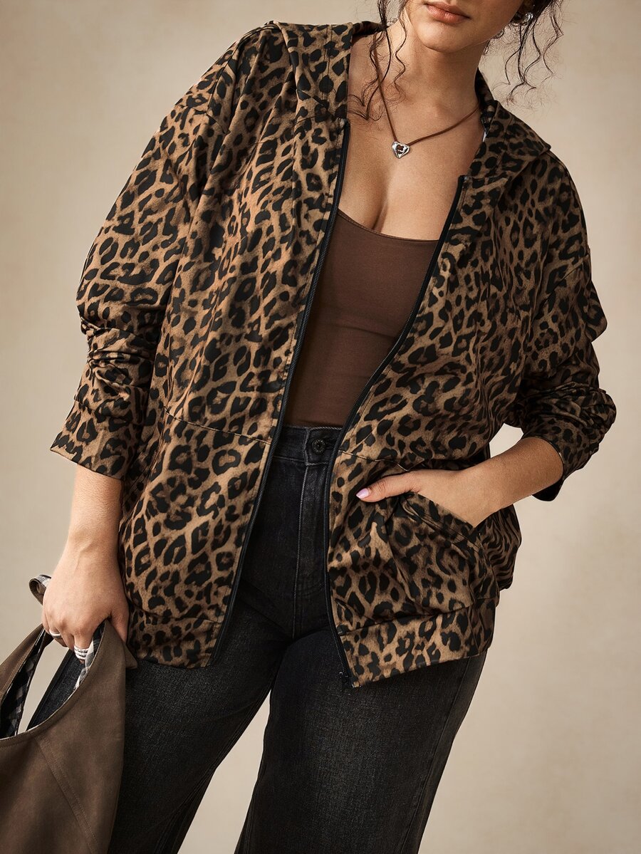 Nubod Jaket Wanita Berkerudung Model Vintage Motif Leopard Cokelat dengan Resleting, Sweatshirt Kasual Longgar dengan Bahu Jatuh - Coklat - View 1