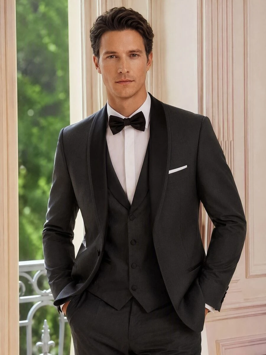 Officeau Men's 3pcs Dark Grey Colorblock Shawl Collar Luxury Suits, Blazer& Vest& Trousers, Tuxedos For Wedding/ Evening/ Prom/ Party