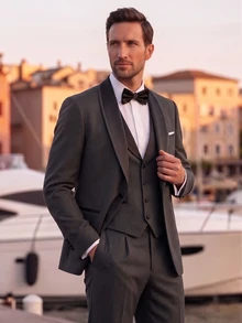 Officeau Men's 3pcs Dark Grey Colorblock Shawl Collar Luxury Suits, Blazer& Vest& Trousers, Tuxedos For Wedding/ Evening/ Prom/ Party - Dark Grey - View 7