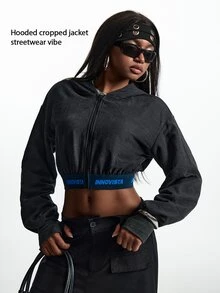 Innovista Innovista Women's Letter Hem Zipper Placket Hooded Sports Jacket - Black - View 11