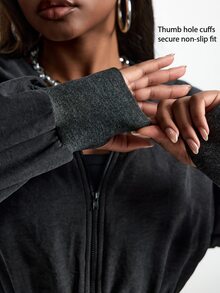 Innovista Innovista Women's Letter Hem Zipper Placket Hooded Sports Jacket - Black - View 8