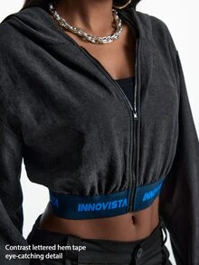 Innovista Innovista Women's Letter Hem Zipper Placket Hooded Sports Jacket - Black - View 10