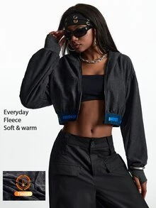 Innovista Innovista Women's Letter Hem Zipper Placket Hooded Sports Jacket - Black - View 3