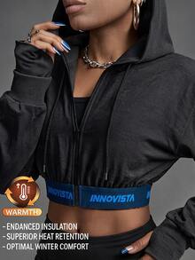 Innovista Innovista Women's Letter Hem Zipper Placket Hooded Sports Jacket - Black - View 1