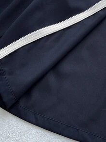 SHEIN 兒童青少年女孩休閒新款秋冬時尚海軍藍與白色條紋字母印花長袖拉鍊外套與長褲2件套，返校季，秋冬服飾，開襟外套套裝 - 藏蓝色 - 查看 7
