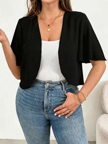 SHEIN Essnce Casual Black Textured Fabric Plus Size Women's Short Sleeve Lightweight Jacket Fall - Black - View 6