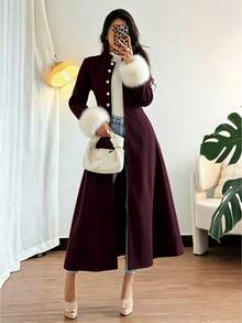 Rafferiza Women's Patchwork Faux Fur Cuff Single-Breasted Long Overcoat - Burgundy - View 5