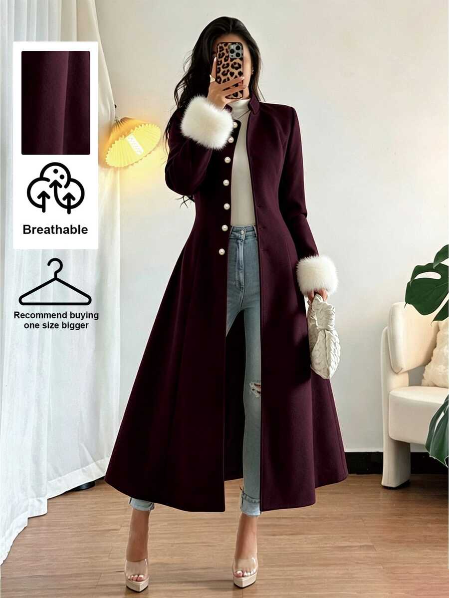 Rafferiza Women's Patchwork Faux Fur Cuff Single-Breasted Long Overcoat - Burgundy - View 1