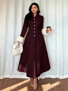 Rafferiza Women's Patchwork Faux Fur Cuff Single-Breasted Long Overcoat - Burgundy - View 7
