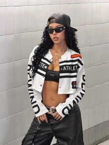 StreetHx 女款街頭風圖案運動機車風短版薄款夾克，白色，適合日常外出，秋季 - 黑與白 - 查看 8