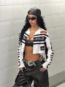StreetHx 女款街頭風圖案運動機車風短版薄款夾克，白色，適合日常外出，秋季 - 黑與白 - 查看 9