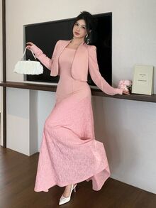 Modelyn Setelan 2 Potong Wanita, Elegan, Modis, Serbaguna, Warna Polos, Rok Mengembang dengan Hiasan Renda yang Mengencangkan Pinggang, Cocok untuk Musim Semi, Gugur, dan Musim Dingin. - Berwarna merah muda - View 11
