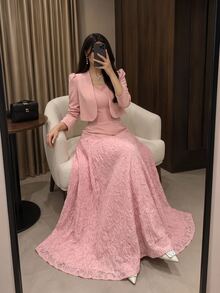 Modelyn Setelan 2 Potong Wanita, Elegan, Modis, Serbaguna, Warna Polos, Rok Mengembang dengan Hiasan Renda yang Mengencangkan Pinggang, Cocok untuk Musim Semi, Gugur, dan Musim Dingin. - Berwarna merah muda - View 2