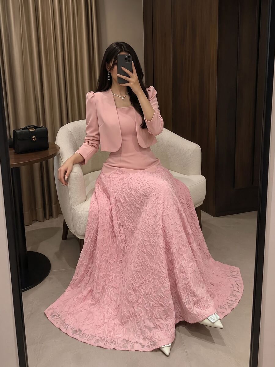Modelyn Setelan 2 Potong Wanita, Elegan, Modis, Serbaguna, Warna Polos, Rok Mengembang dengan Hiasan Renda yang Mengencangkan Pinggang, Cocok untuk Musim Semi, Gugur, dan Musim Dingin.